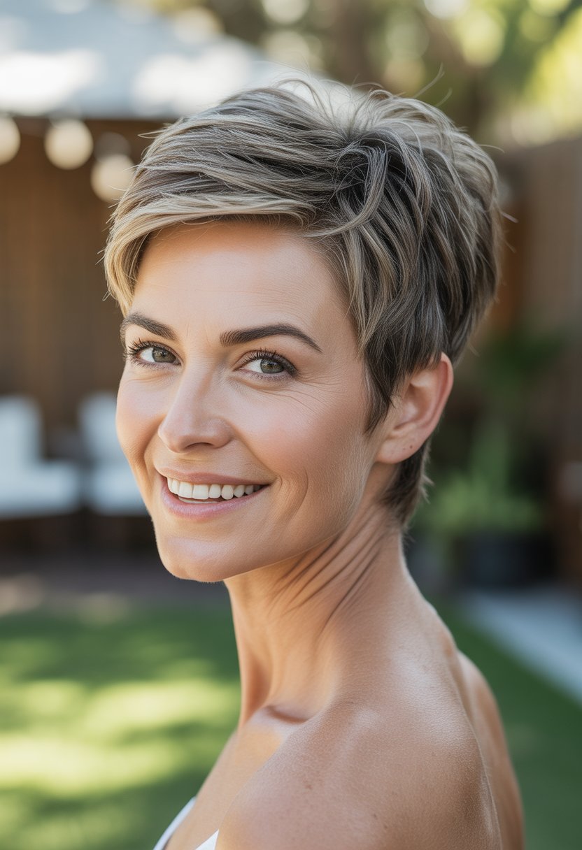 Headshot of a smiling woman outdoors with short hair, standing in a backyard with greenery in the background.
