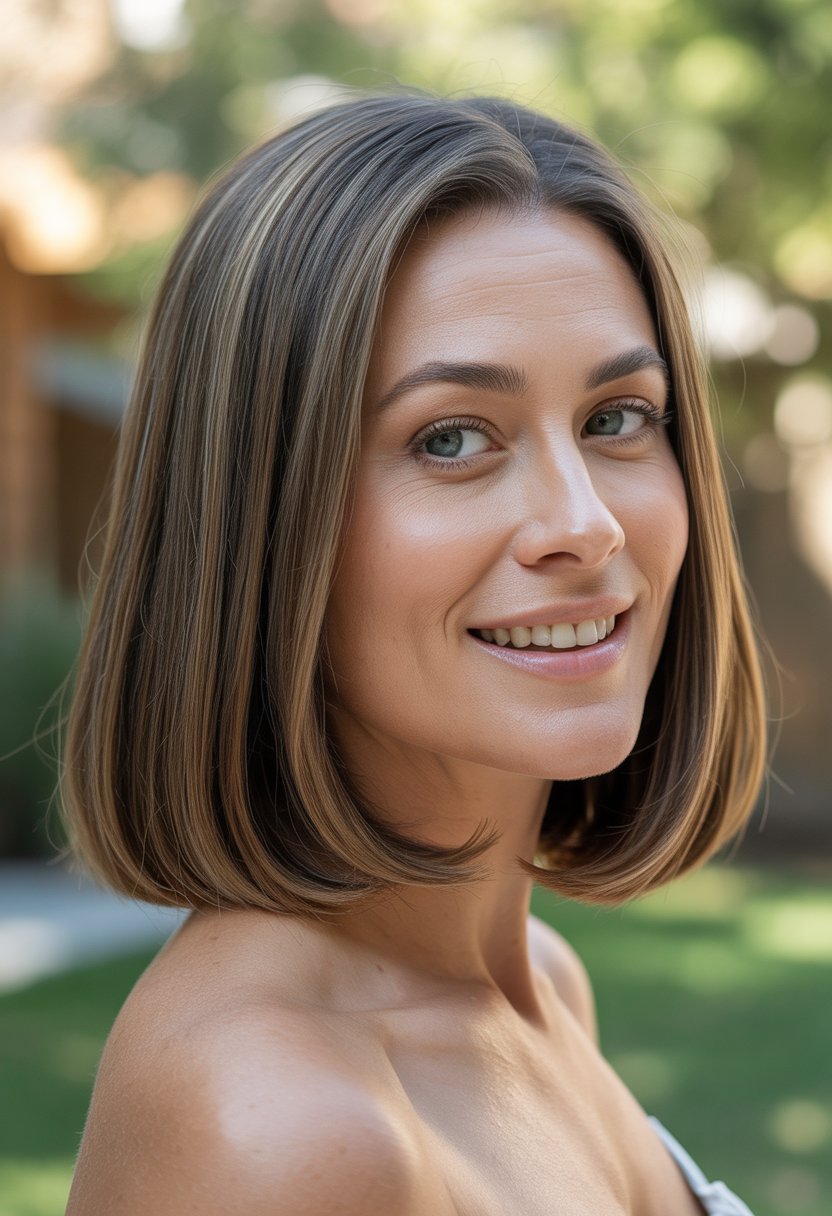 Headshot of a smiling woman standing outdoors with a green backyard background.