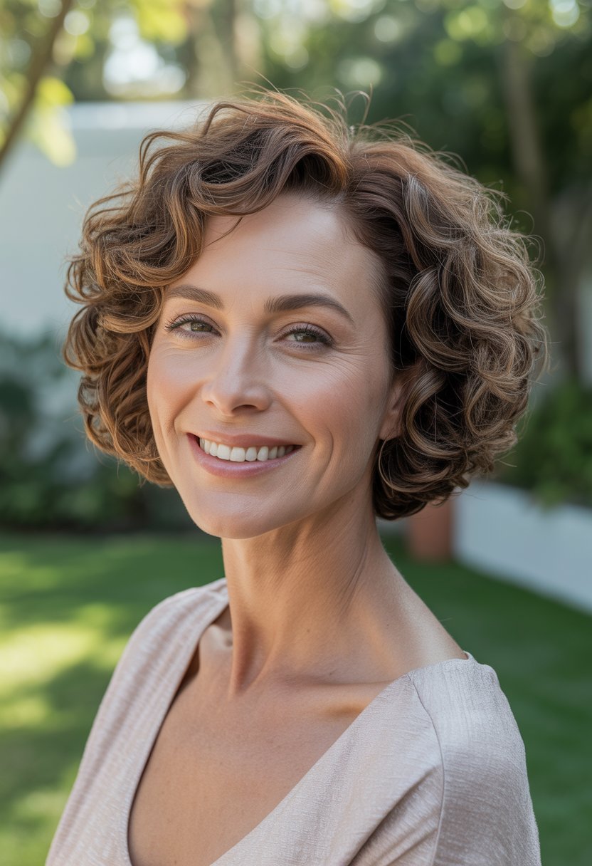 Smiling woman in her 40s with curly bob hairstyle standing outdoors in a backyard with greenery.