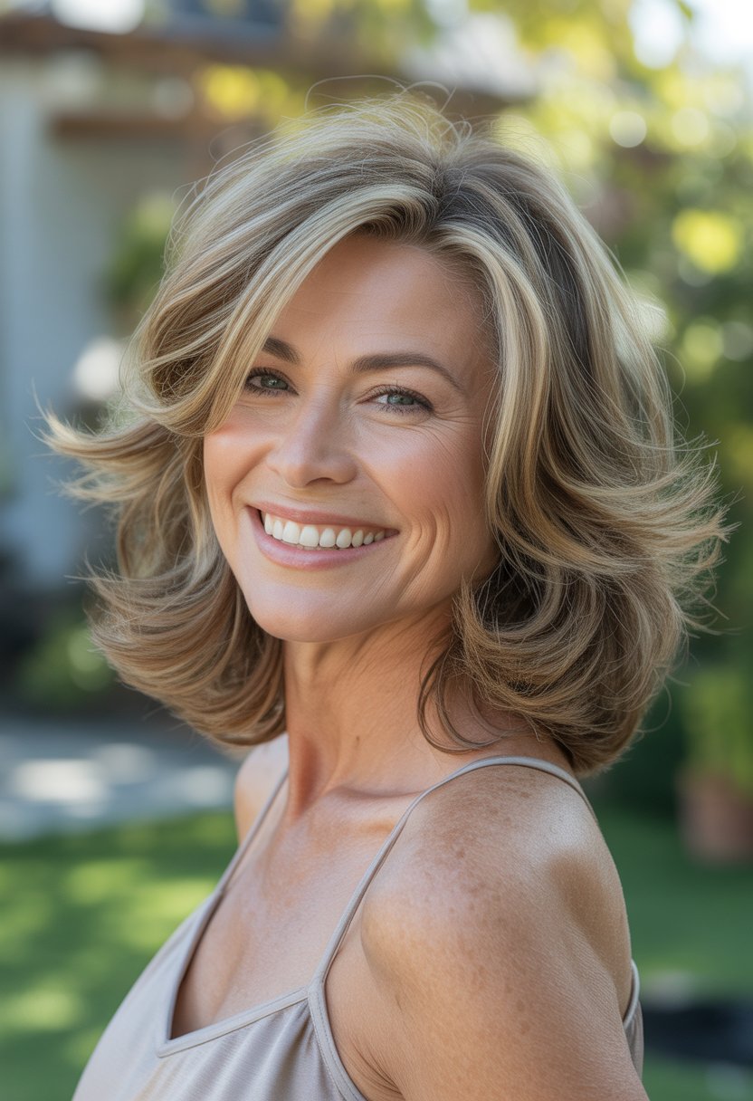 Smiling woman with layered hair outdoors in a garden setting.