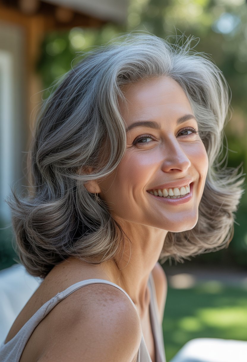 Smiling middle-aged woman with natural gray hair in a softly lit backyard.