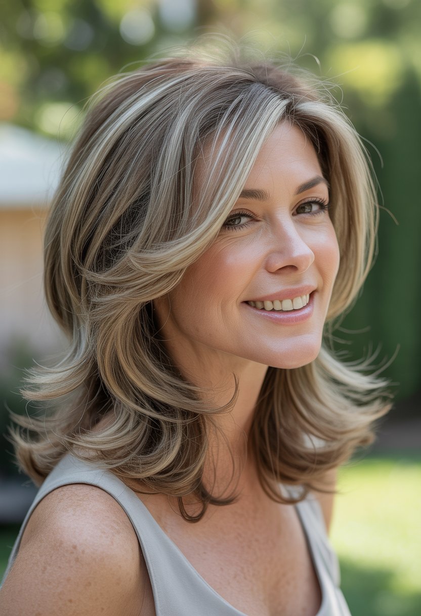 Headshot of a smiling middle-aged woman outdoors with layered hair and subtle highlights.
