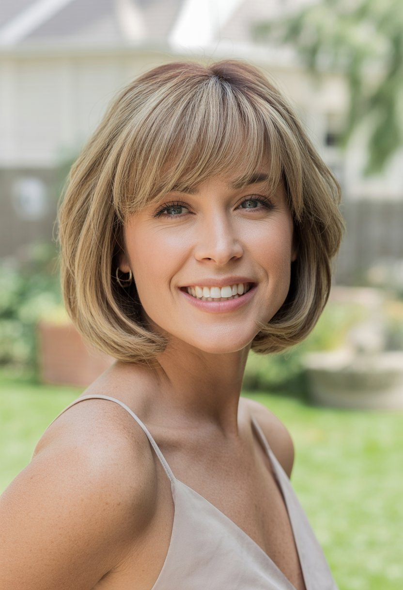Headshot of a smiling woman in an outdoor backyard setting.