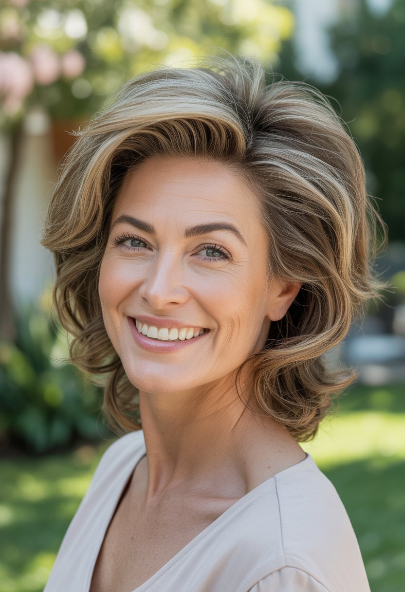 Headshot of a smiling middle-aged woman outdoors with voluminous hair lifted at the roots, standing in a backyard with plants in the background.