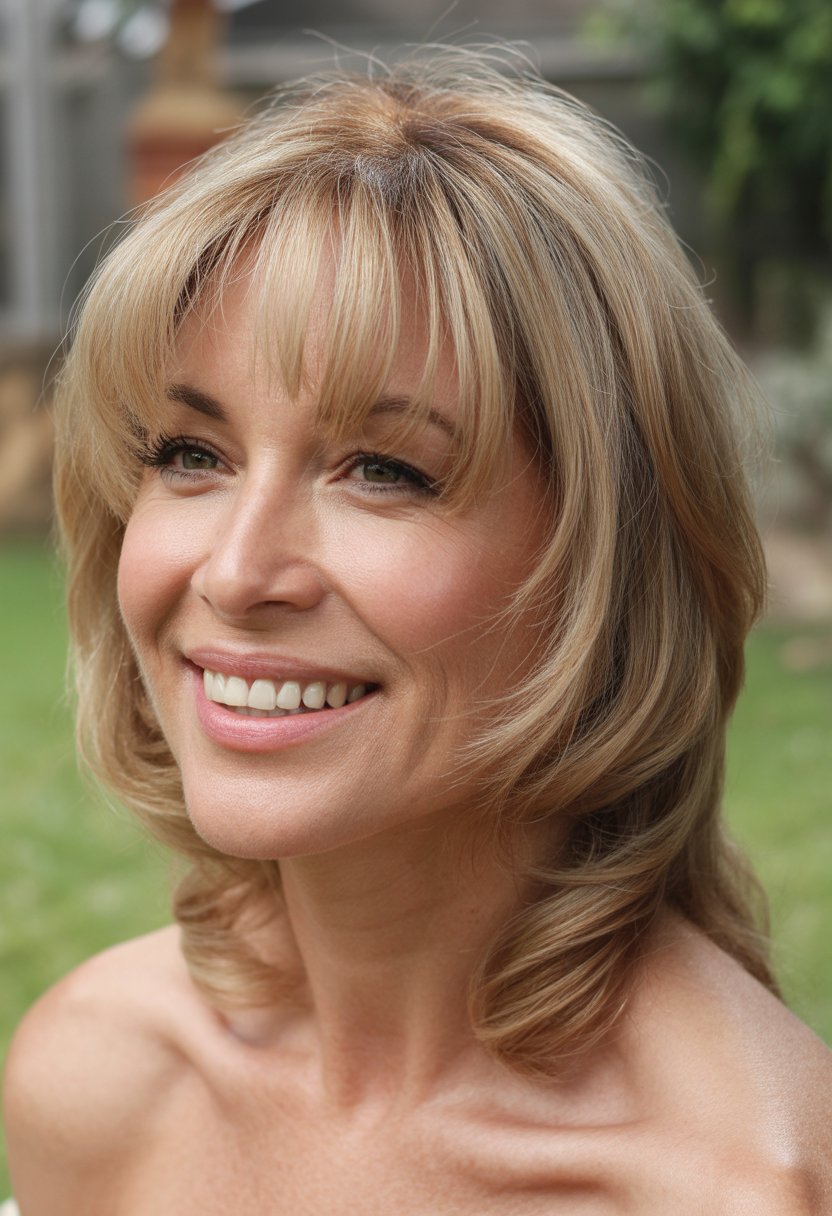 Headshot of a smiling woman outdoors with soft bangs and natural lighting.