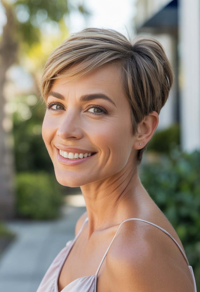 Headshot of a smiling woman in an outdoor or salon setting.