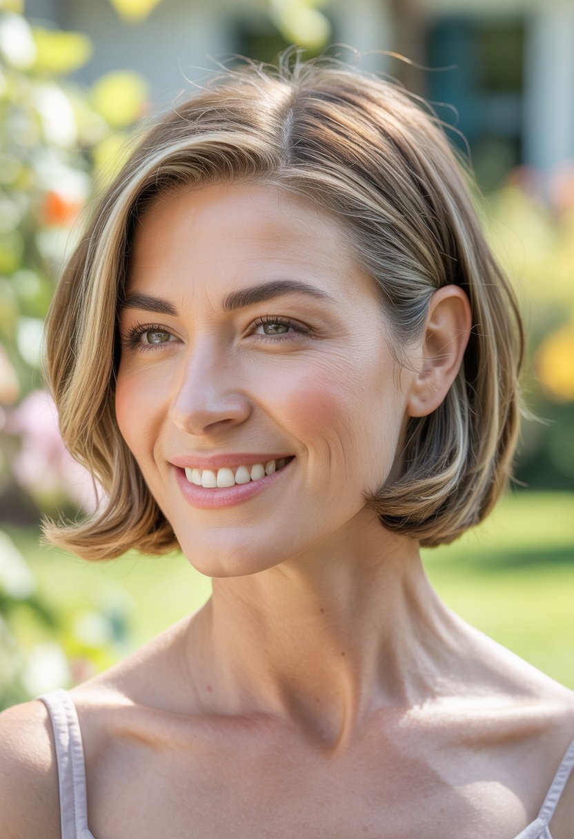 Smiling woman with jaw-length hair tucked behind her ears in a backyard setting.