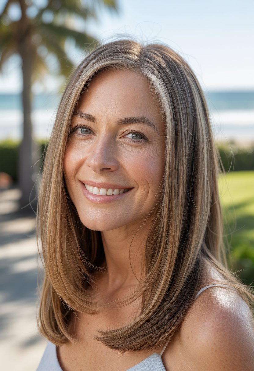Headshot of a smiling woman outdoors with straight hair and a blurred natural background.