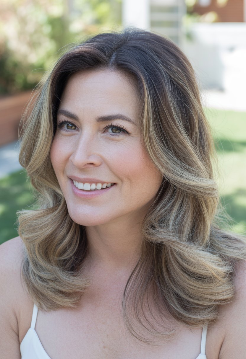 Smiling woman with wavy hair standing outdoors in a backyard with greenery in the background.