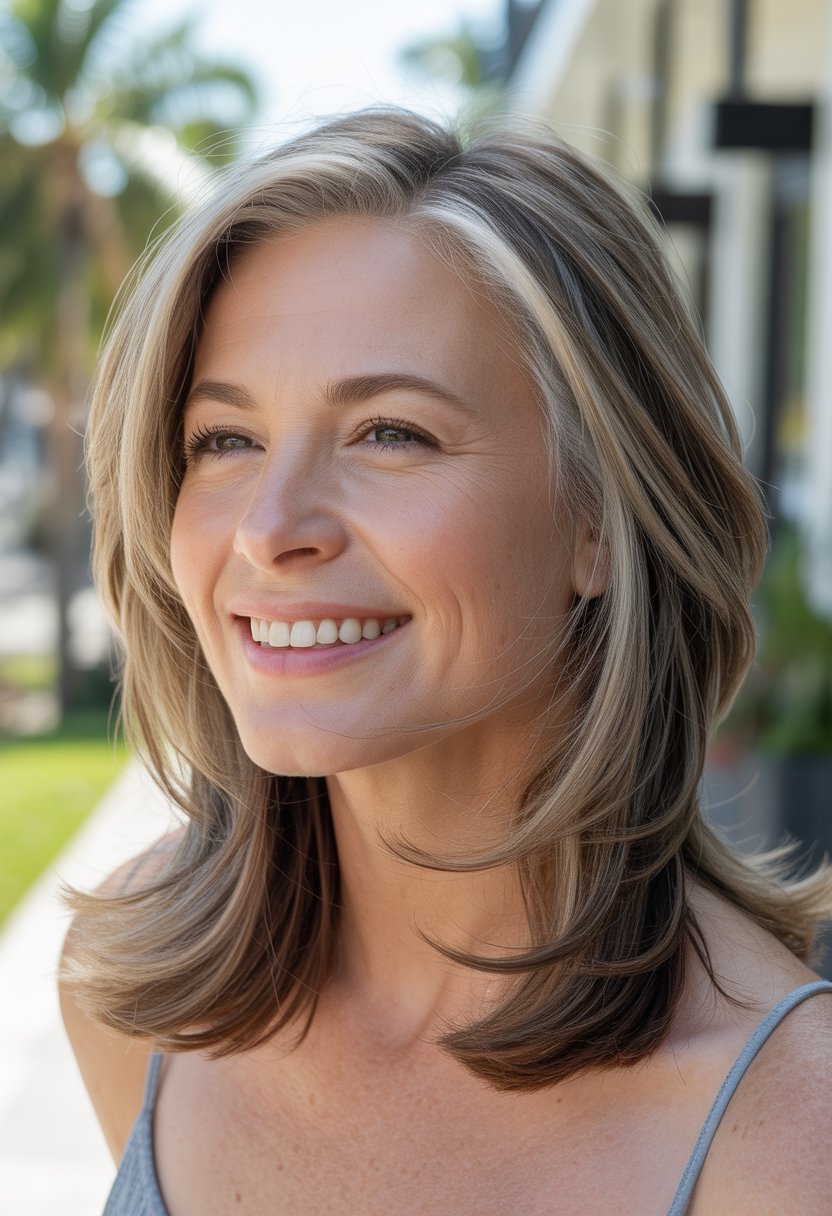 Headshot of a smiling woman with shoulder-length hair standing outdoors with a blurred natural background.