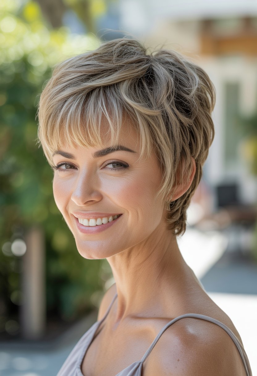 Headshot of a smiling middle-aged woman outdoors with short textured hair and soft bangs.