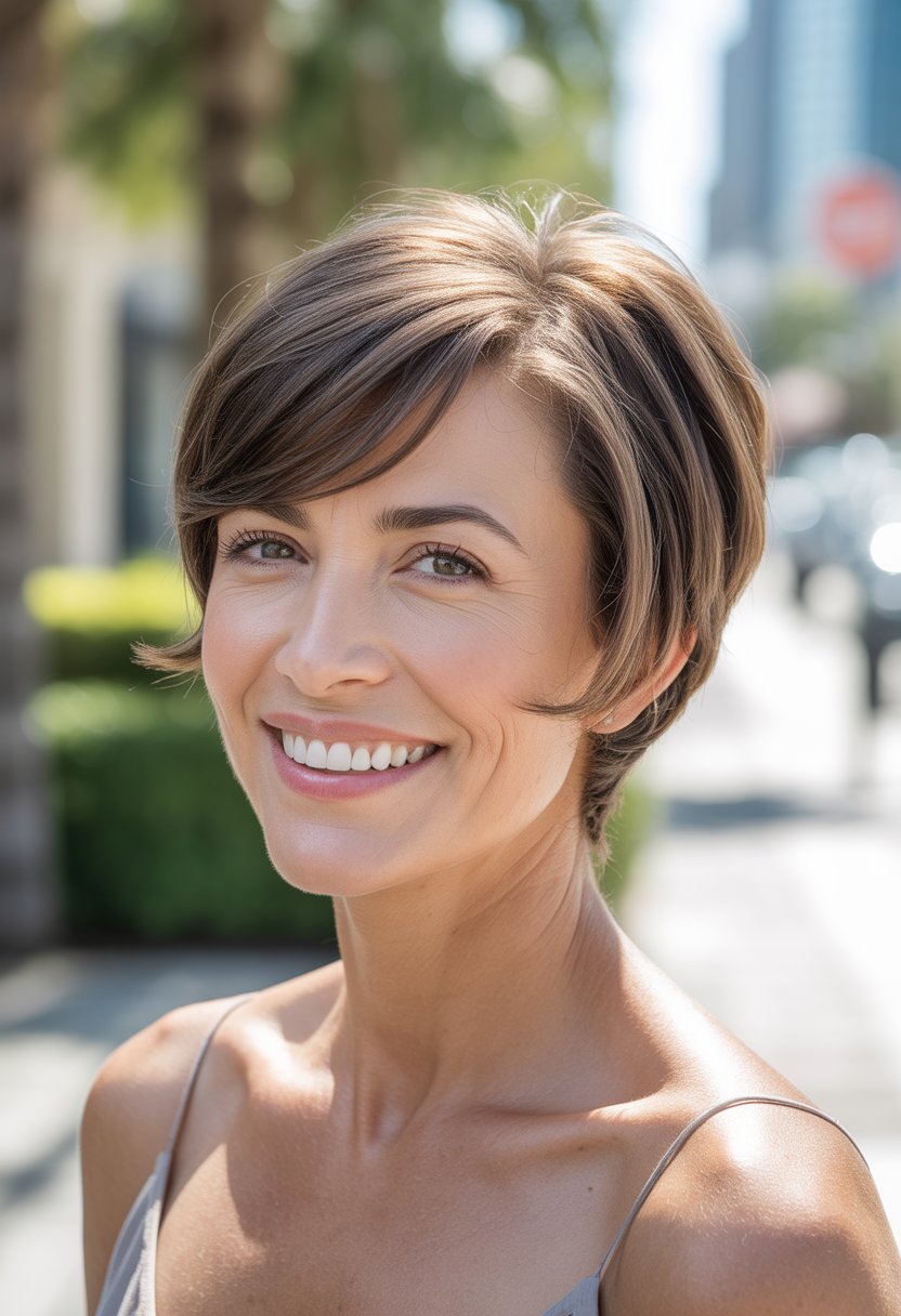 Headshot of a smiling middle-aged woman outdoors with short hair and side bangs.