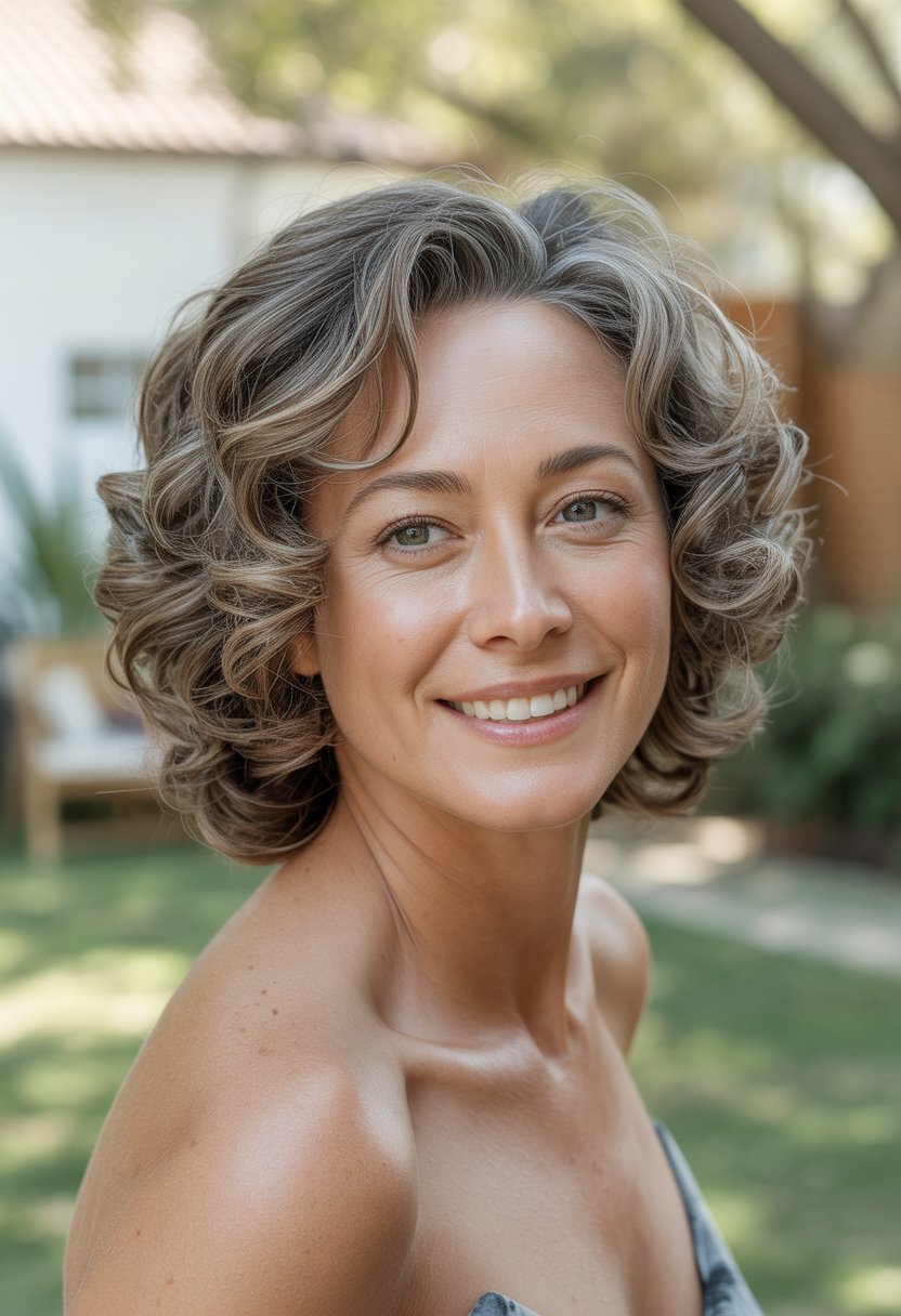 Smiling woman with curled layered hair in a softly lit backyard setting.