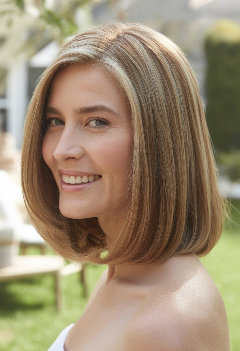 Smiling woman in her 40s with straight shoulder-length hair standing outdoors with blurred greenery in the background.