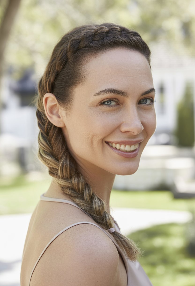Headshot of a smiling woman outdoors with braided hair and a blurred backyard background.