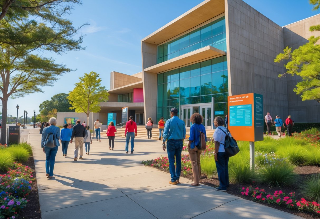 Visitors approaching the entrance of a modern museum building surrounded by trees and flowers on a sunny day.