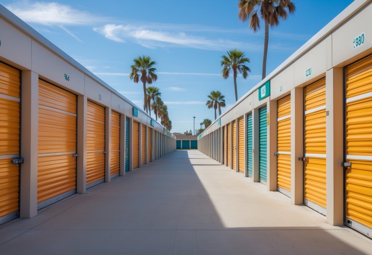 Rows of clean storage units with colorful doors under a clear blue sky and palm trees in the background.