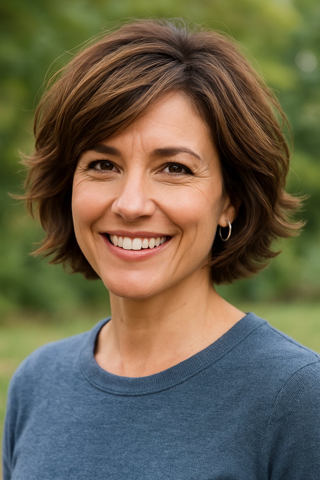Headshot of a smiling woman outdoors with a blurred natural background.
