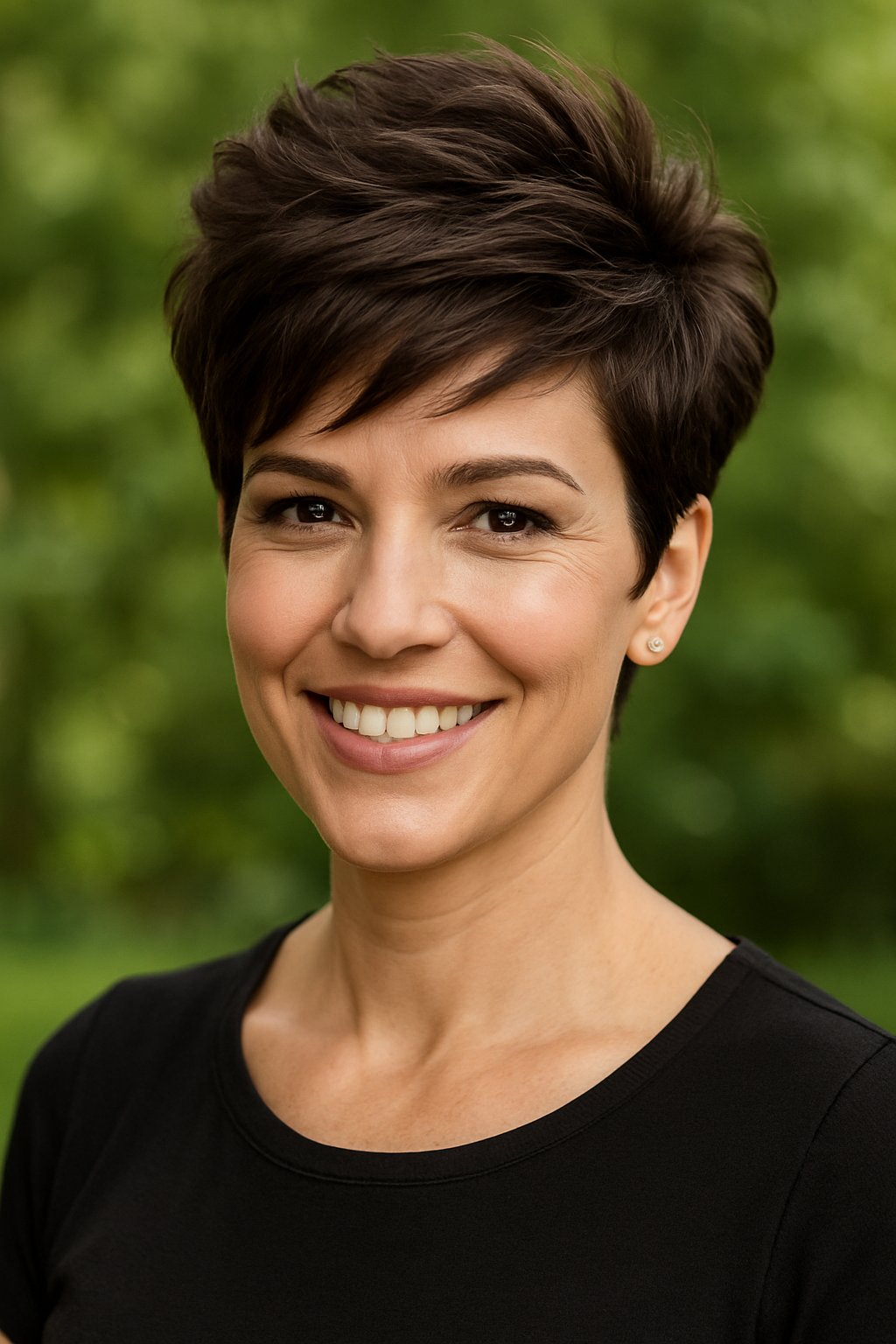 Headshot of a smiling woman outdoors with blurred greenery in the background.