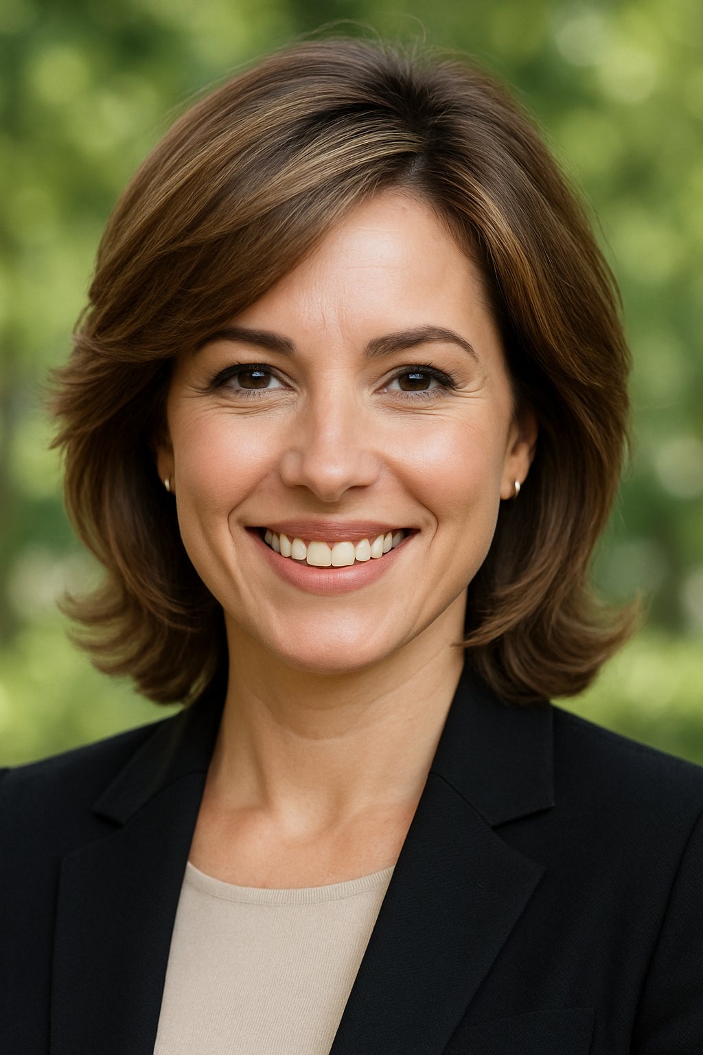 Headshot of a smiling woman outdoors with soft greenery in the background.