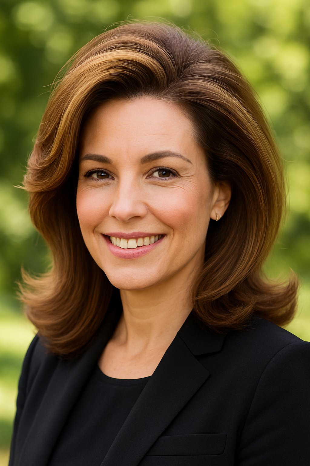Smiling woman outdoors with voluminous hair, looking towards the camera.