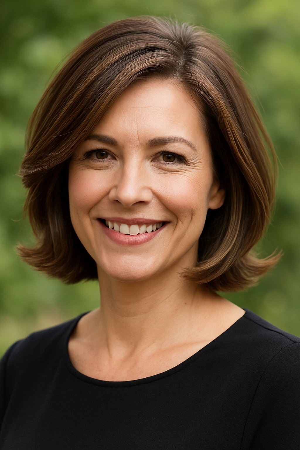 Headshot of a smiling woman outdoors with blurred greenery in the background.