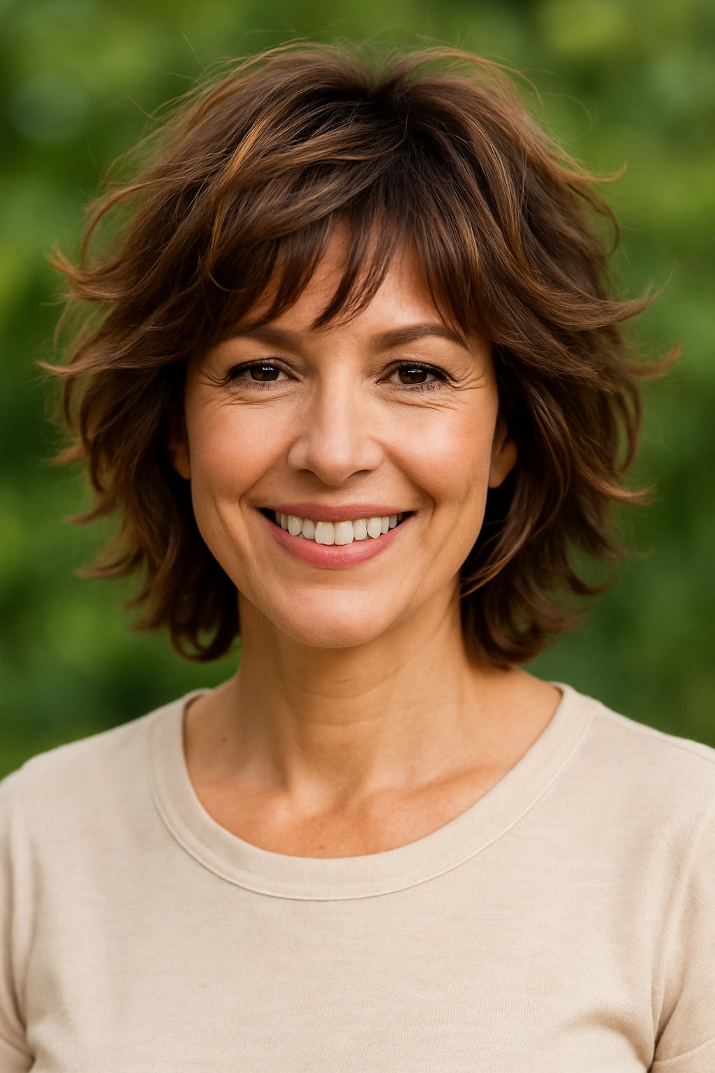 Headshot of a smiling woman outdoors with blurred green background.