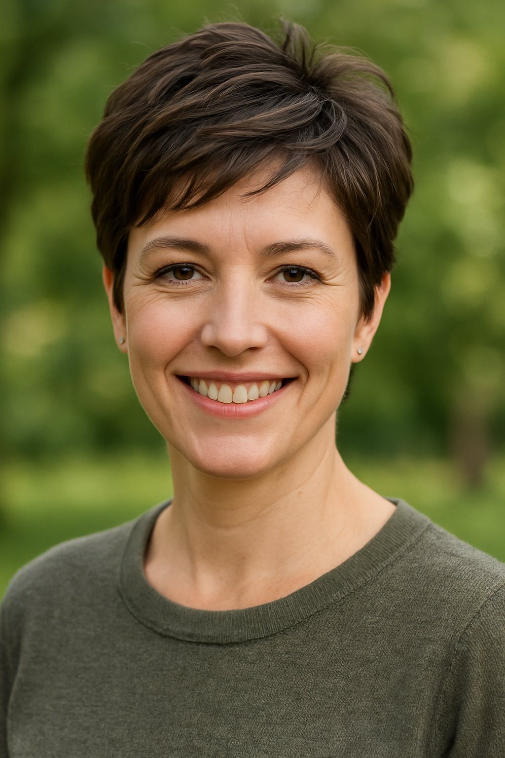 Headshot of a smiling woman outdoors with blurred green background.