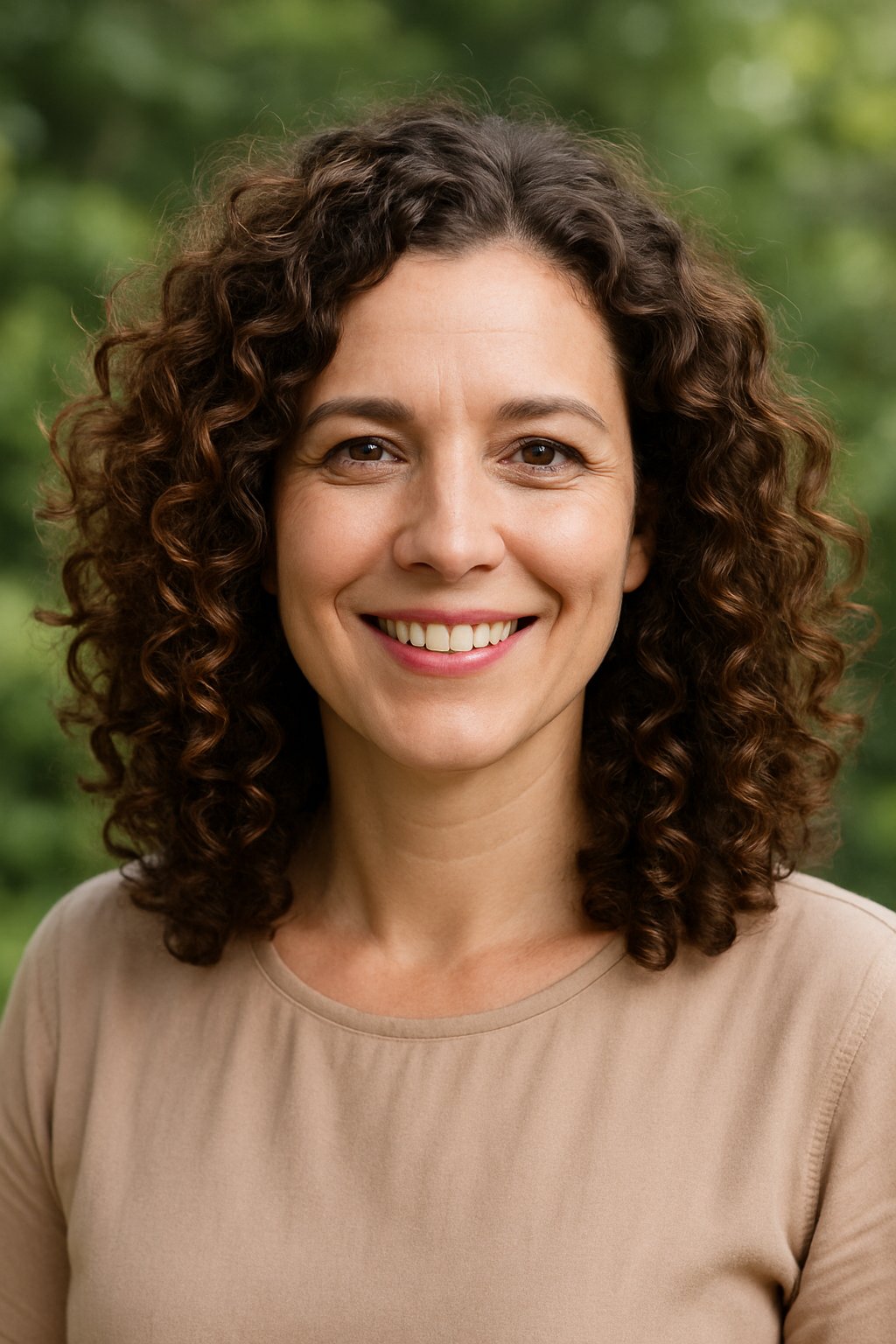 Headshot of a smiling woman outdoors with blurred green background.