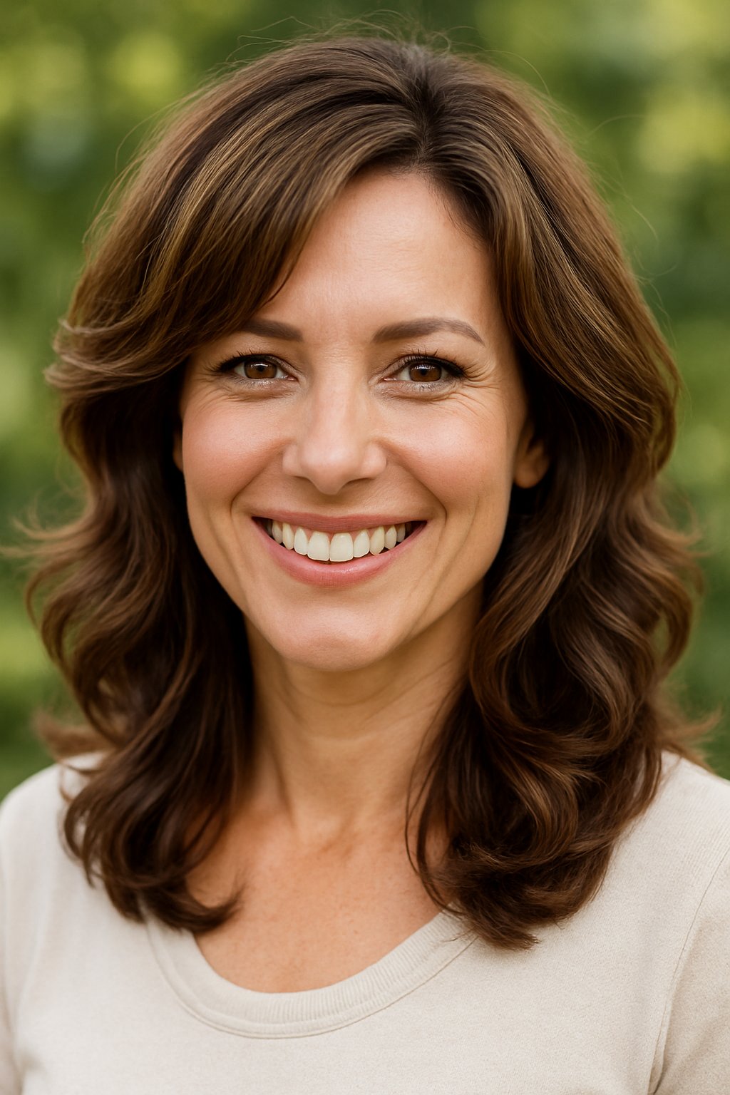 Headshot of a smiling woman outdoors with soft waves framing her face.