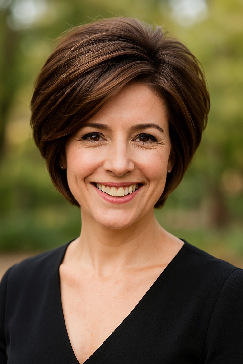 Headshot of a smiling woman outdoors with blurred greenery in the background.