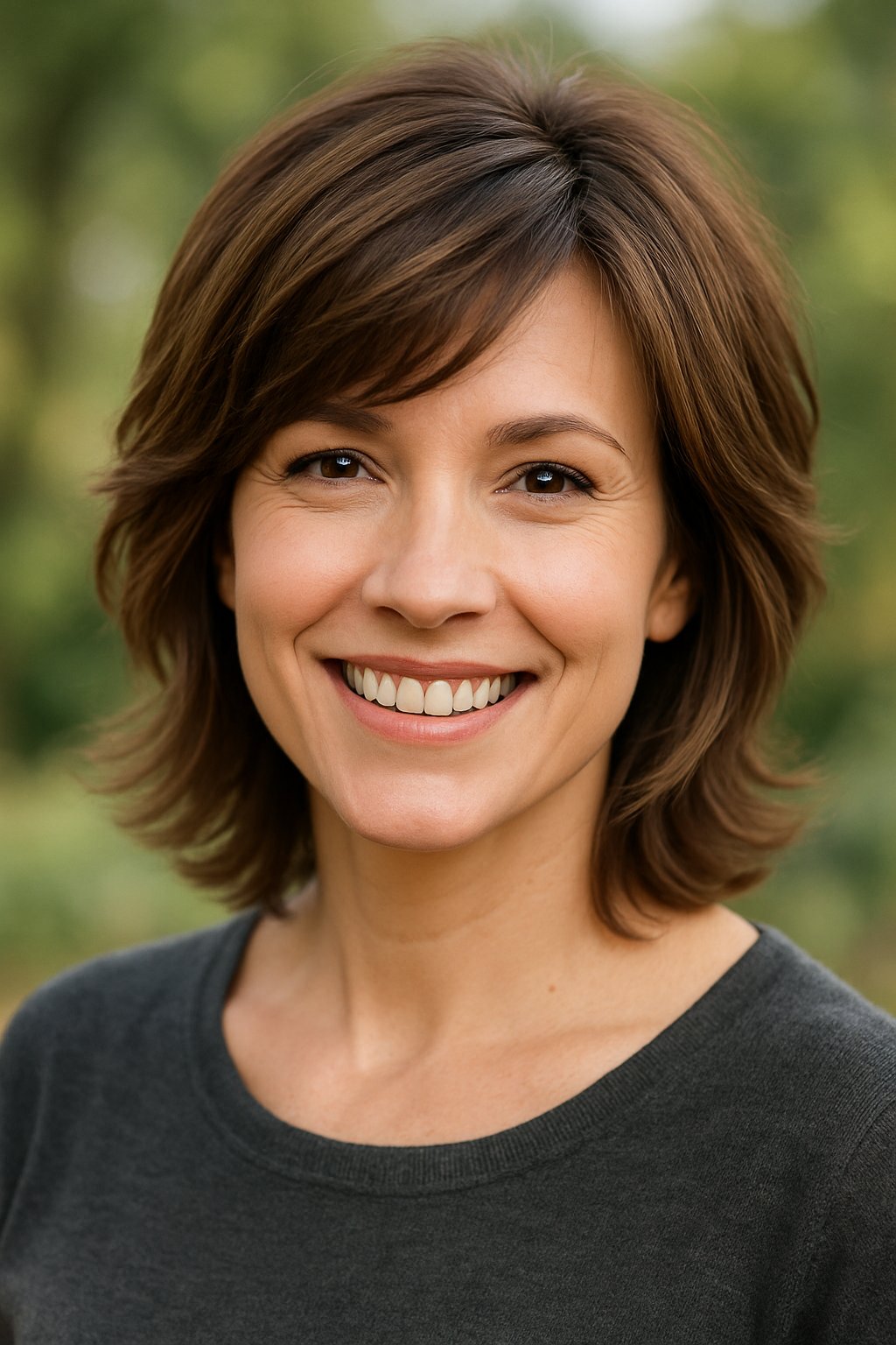 Headshot of a smiling woman outdoors with natural background.
