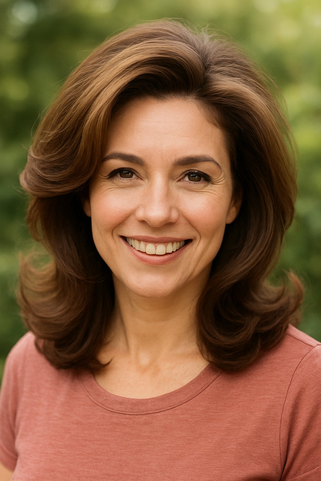 Headshot of a smiling woman outdoors with voluminous hair.