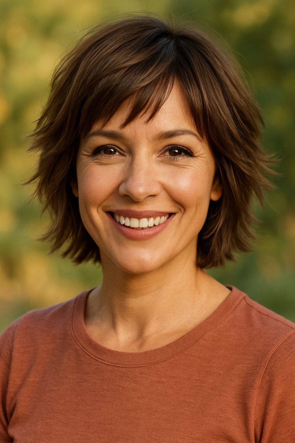 Headshot of a smiling woman outdoors with natural background.