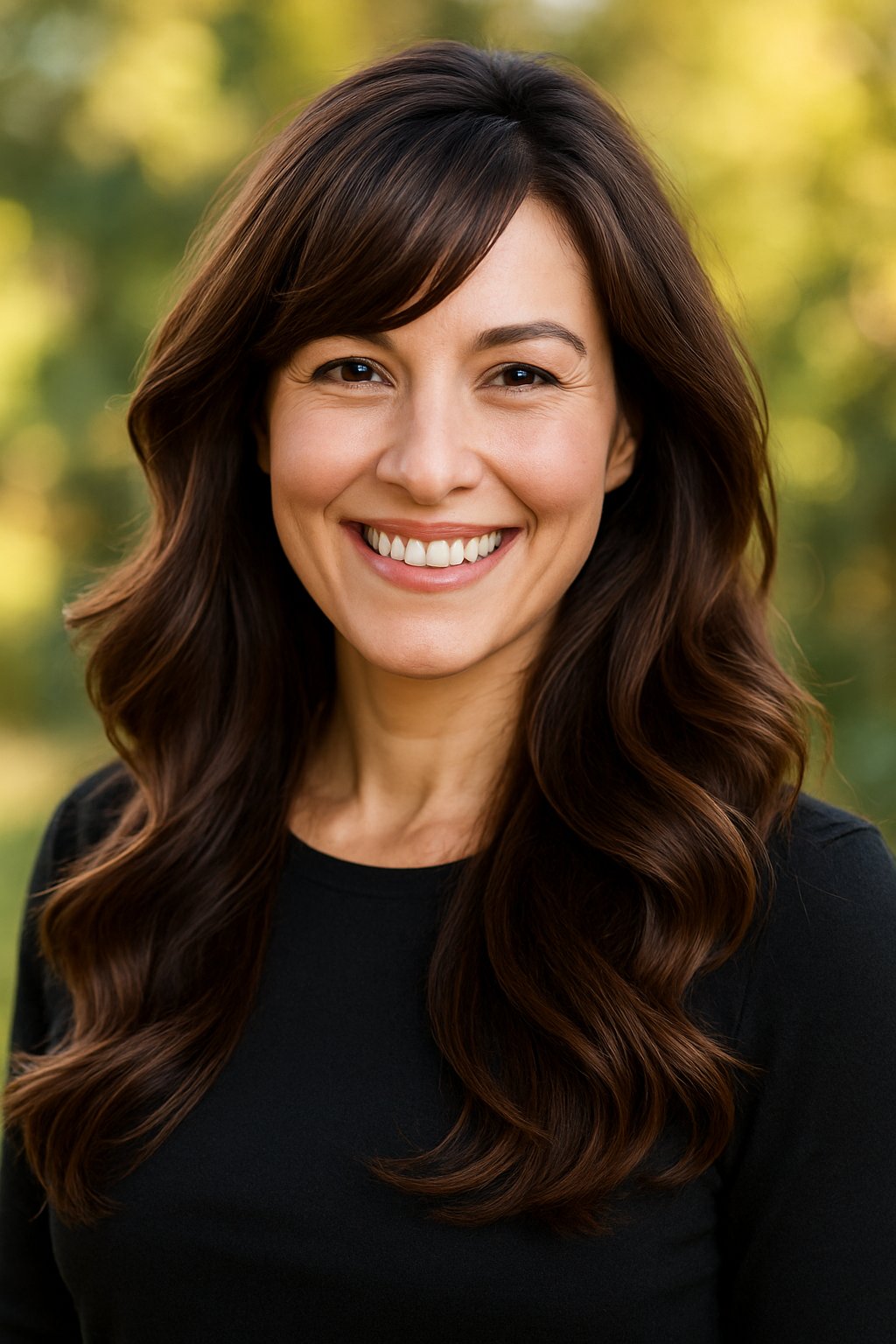 Portrait of a smiling woman outdoors with long wavy hair and side-swept bangs.