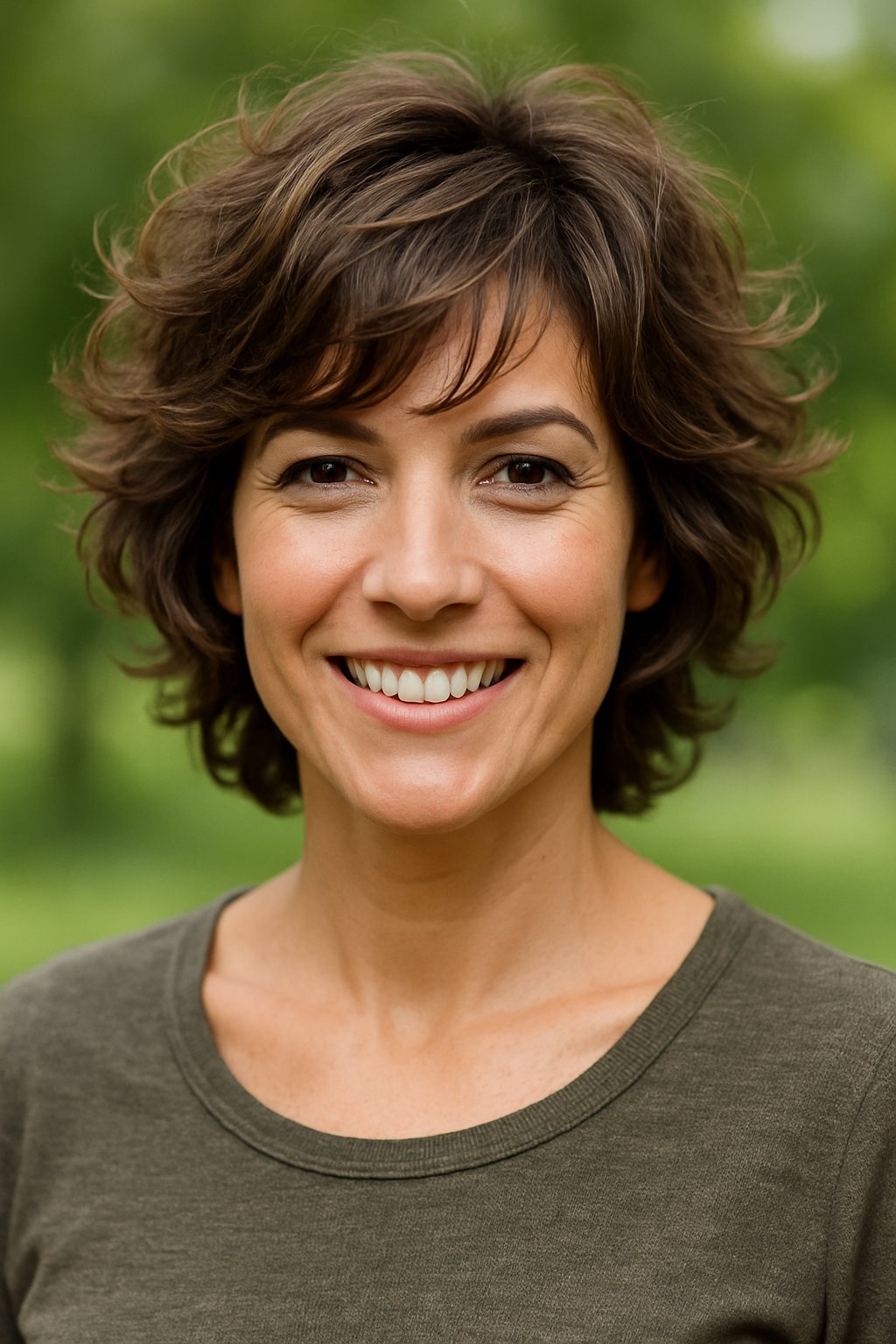Headshot of a smiling woman outdoors with a blurred green background.