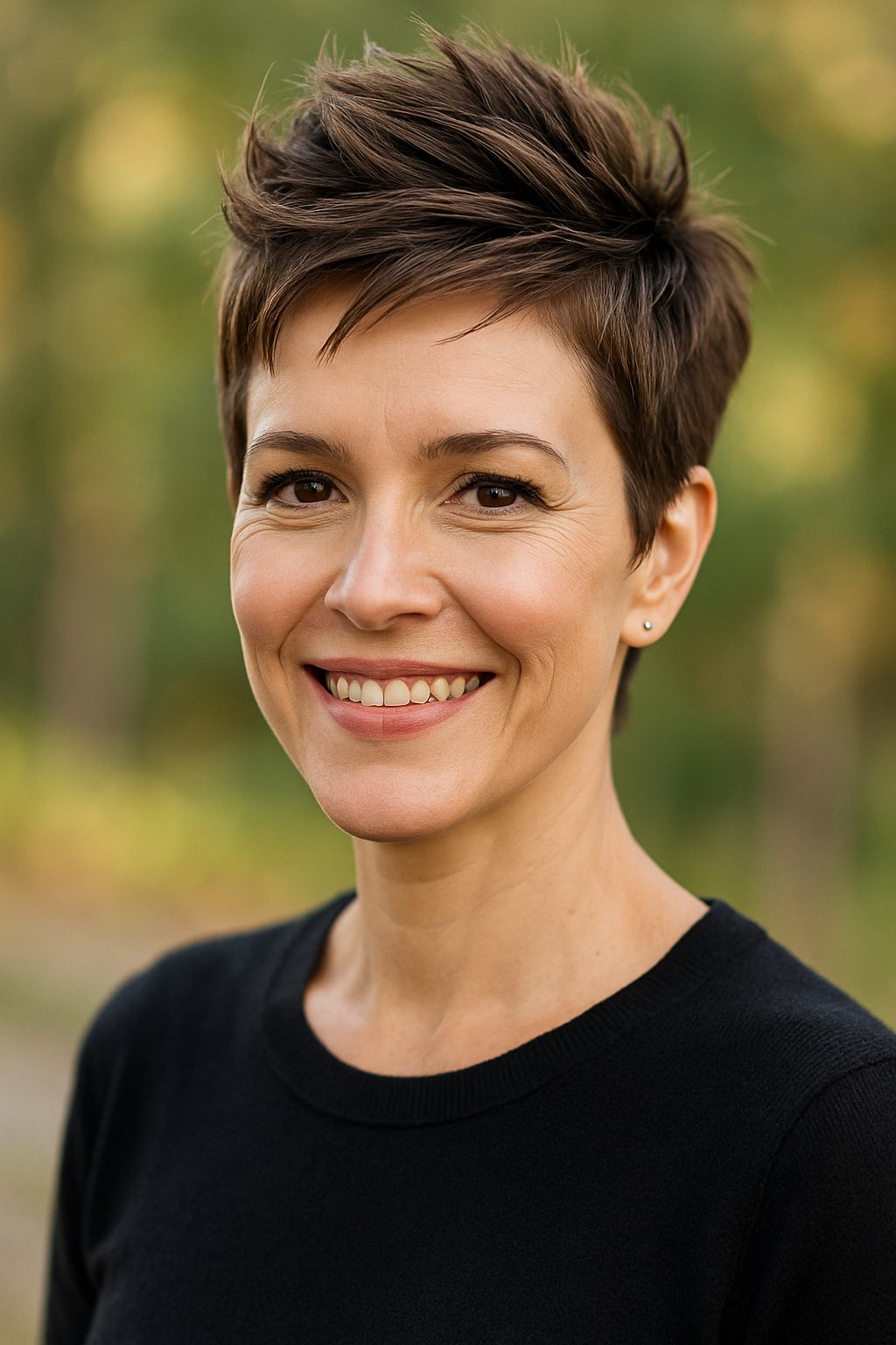 Headshot of a smiling woman outdoors with short hair and lifted roots.