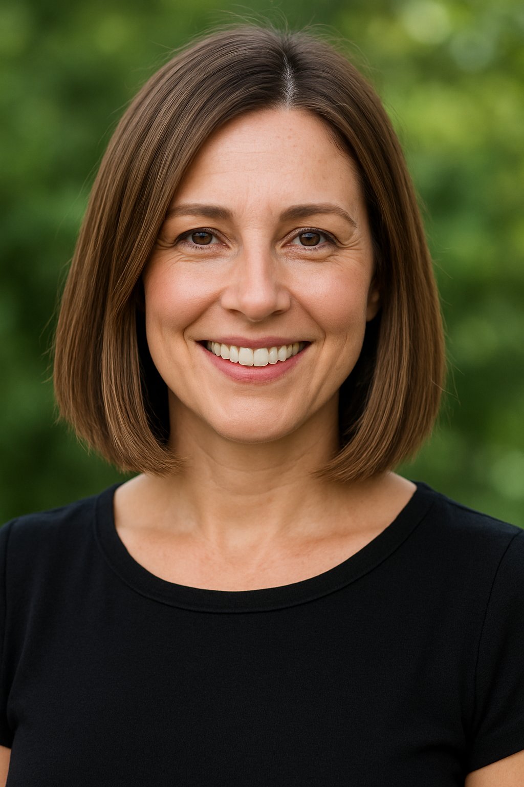 Headshot of a smiling woman outdoors with greenery in the background.