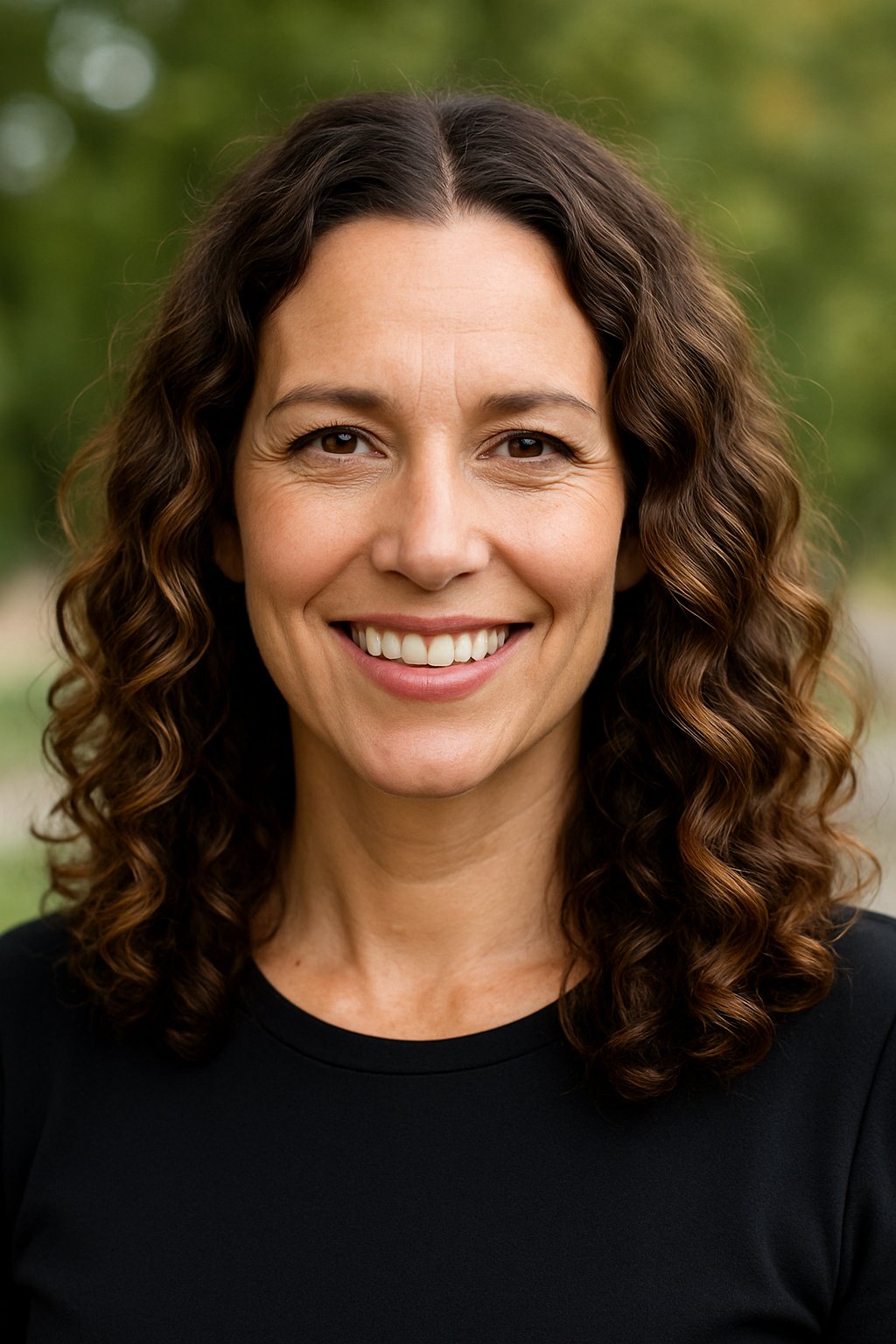 Headshot of a smiling woman outdoors with soft curls and a middle part.