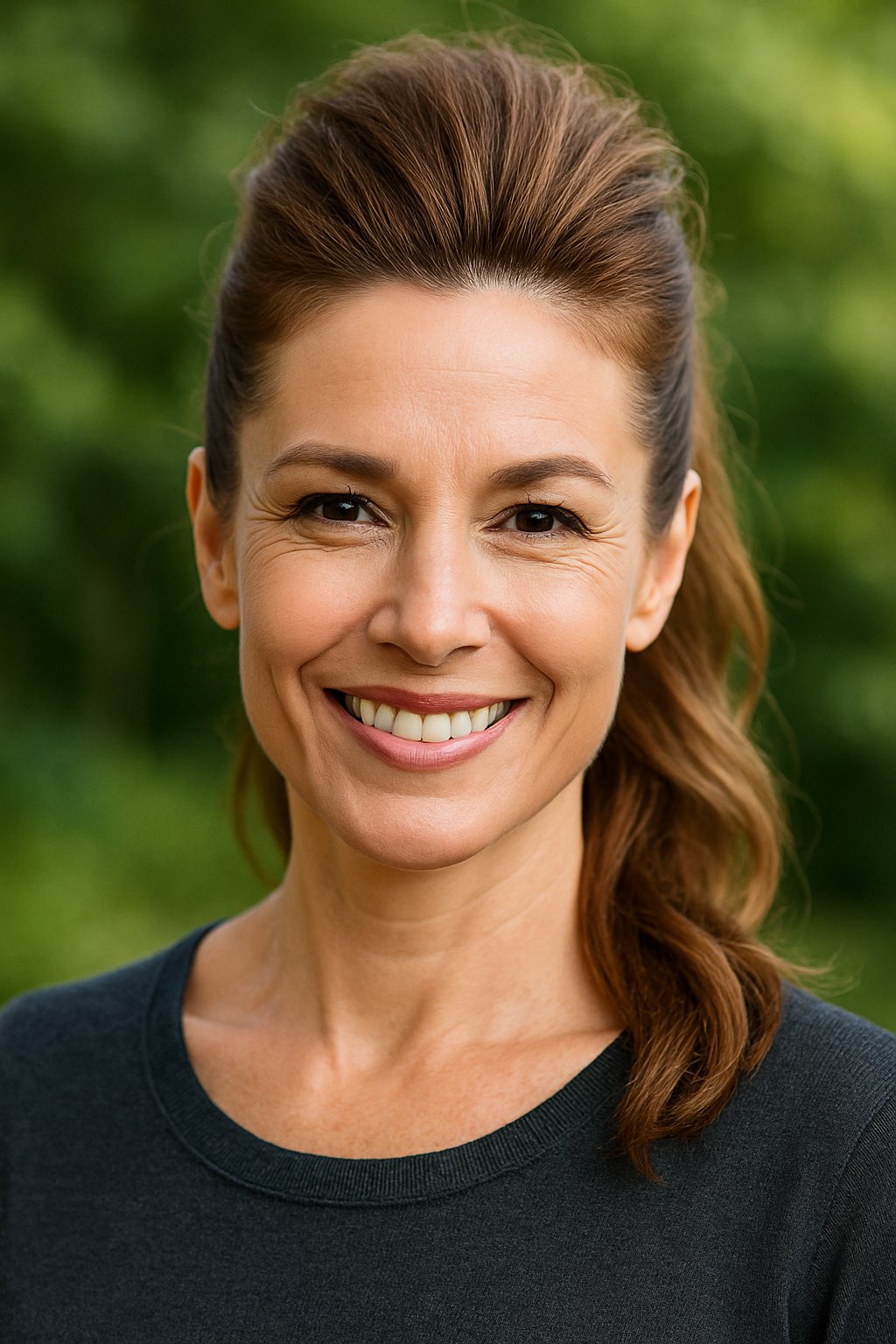 Headshot of a smiling woman outdoors with a high ponytail hairstyle.