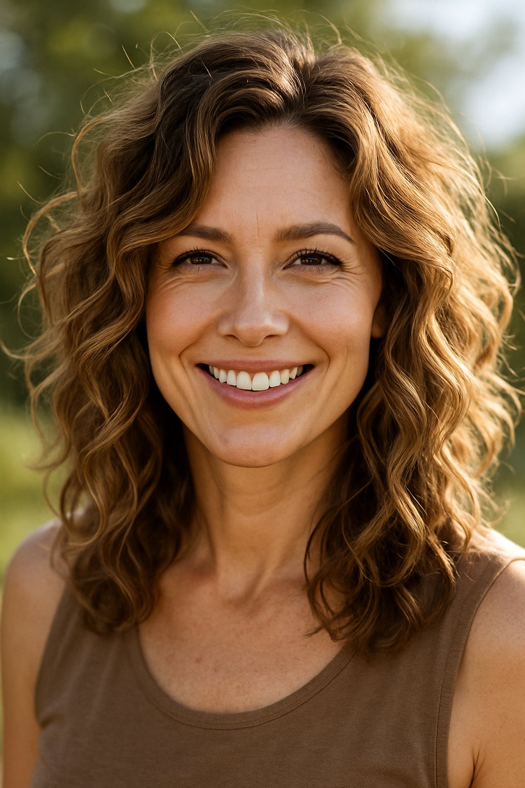 Headshot of a smiling woman outdoors with voluminous tousled wavy hair.