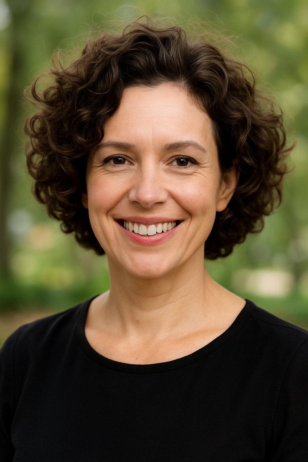 Smiling woman outdoors with curly bob hairstyle and natural background.