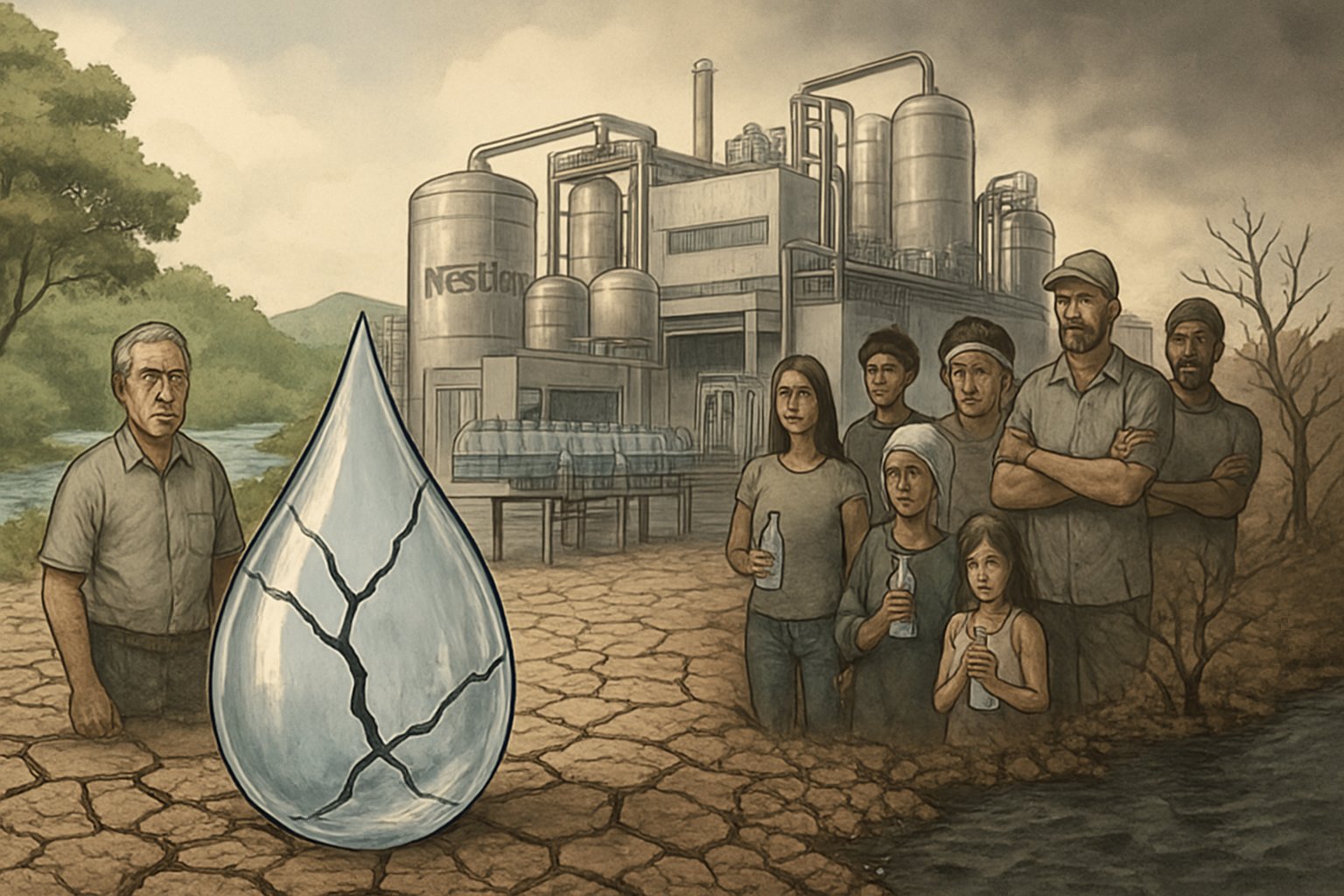 Eine Fabrik zur Abfüllung von Trinkwasser mit trockener Erde und besorgten Menschen davor, die eine Wasserkrise darstellen.