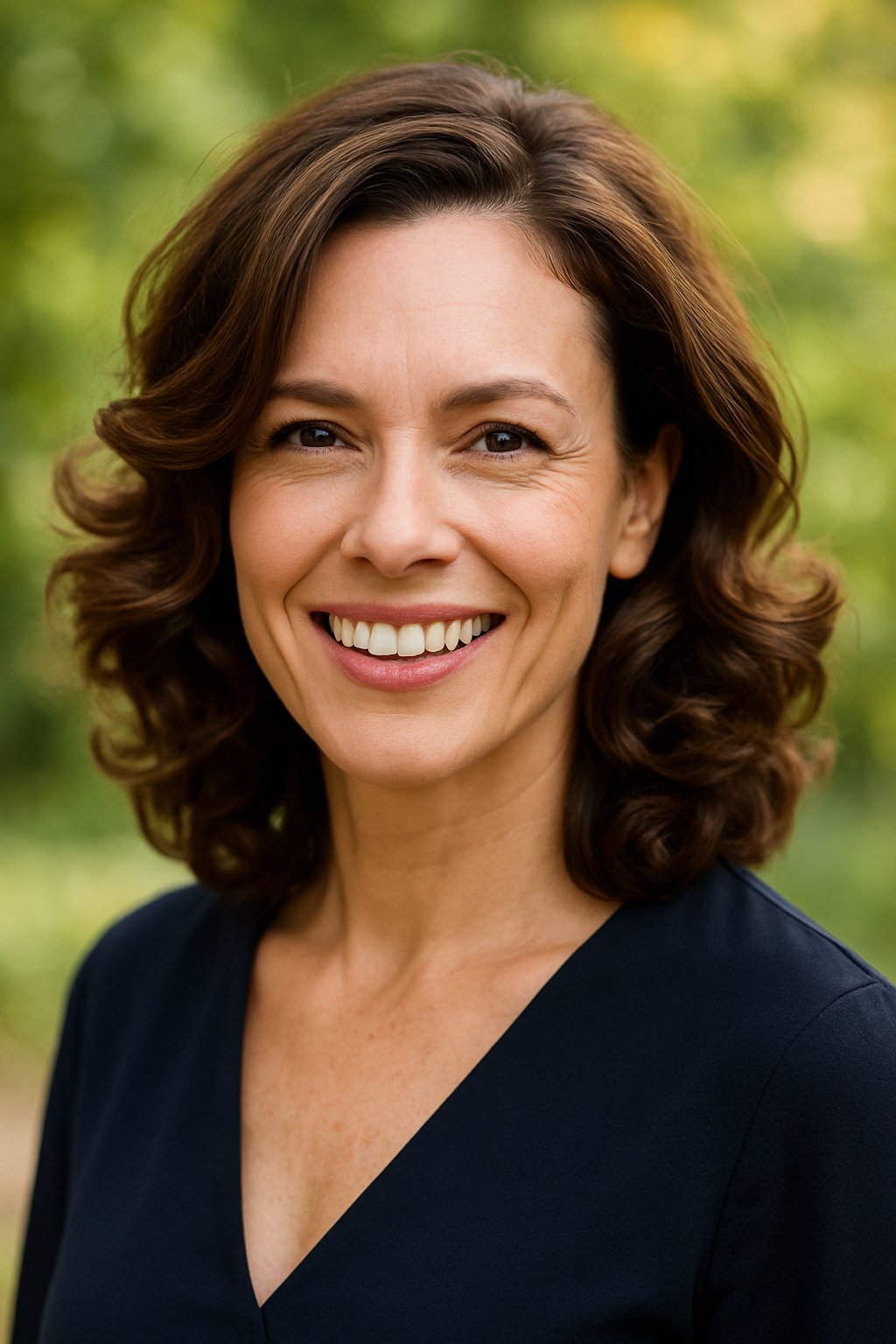 Headshot of a smiling woman outdoors with blurred green background.