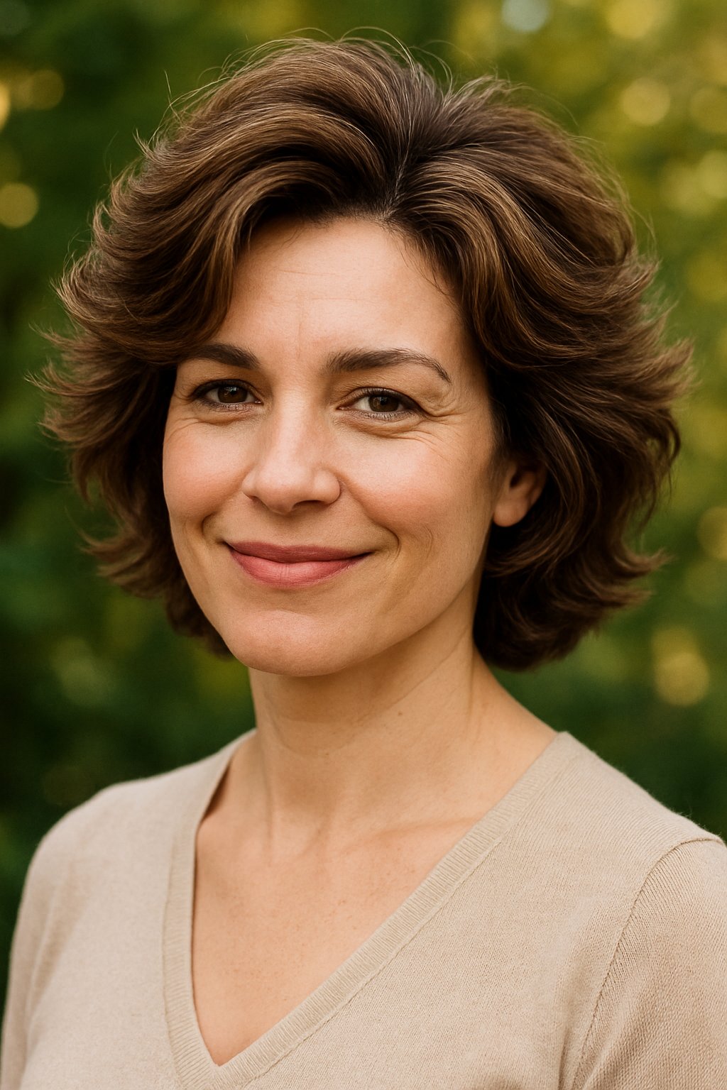 Headshot of a smiling woman outdoors with layered voluminous hair and a blurred green background.