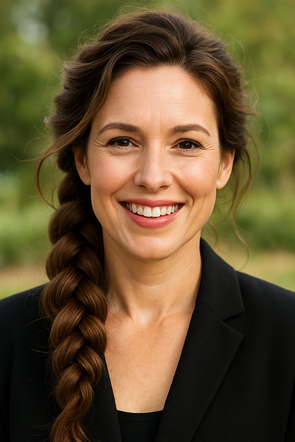 Headshot of a smiling woman outdoors with a braided hairstyle and loose strands around her face.