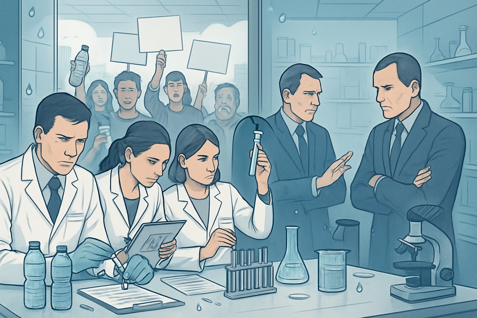 Untersuchung von Wasserproben im Labor, besorgte Bürger protestieren friedlich, und Unternehmensvertreter diskutieren ernsthaft.