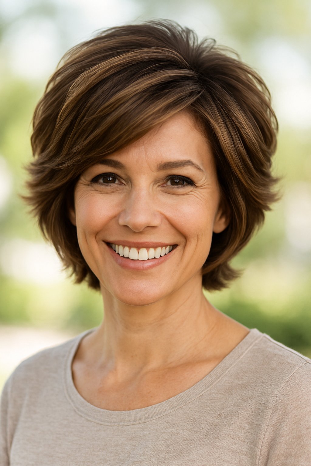 Headshot of a smiling woman outdoors with layered, voluminous hair.