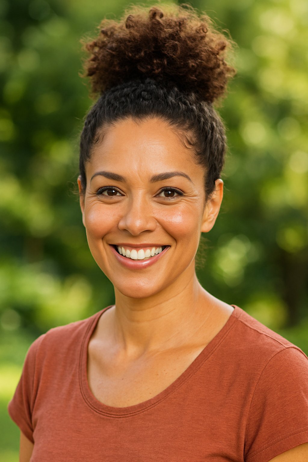 Headshot of a smiling woman outdoors with curly hair styled in a top knot.