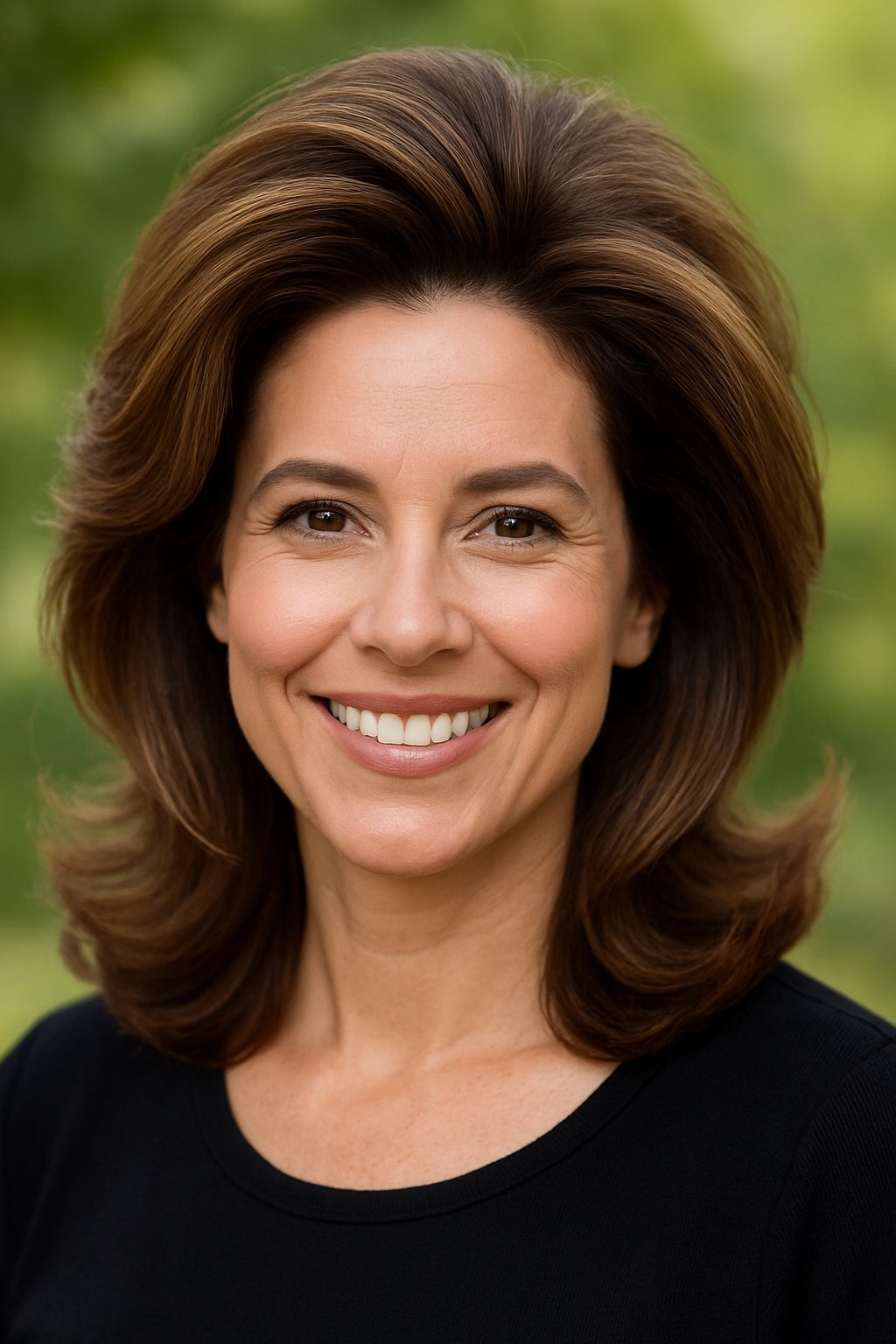 Headshot of a smiling woman outdoors with voluminous hair and a blurred green background.